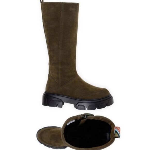 NEW FARM Rio Army Long Suede Boots Vegan Lug Embroidered Olive Green Size 8.5 - Picture 4 of 14